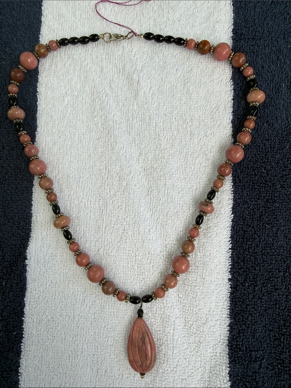 Hand Crafted Pink and Black Beaded Necklace with Carved Pendant
